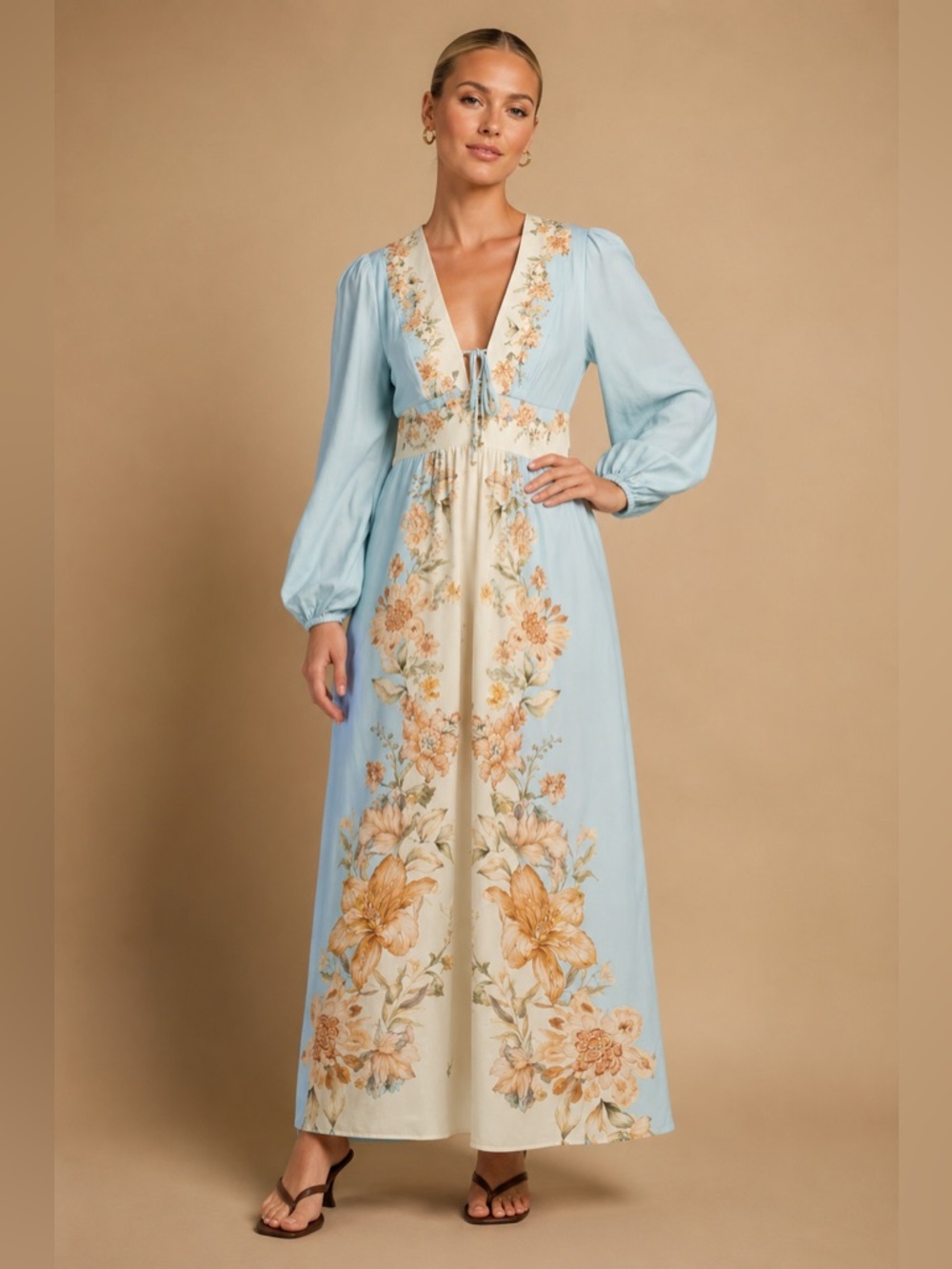 HOUSE OF HARLOW 1960 Floral Linen Blend Plunging V-neck Dress Size Medium